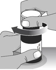 Two hands holding a medicine vial while a curved arrow indicates the rotational movement to unscrew the cap