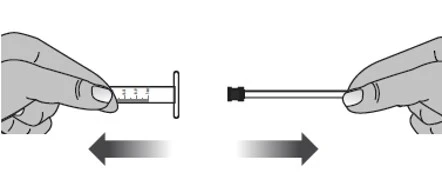 Two hands holding separate components of a syringe with bidirectional arrows indicating the assembly motion between needle and syringe barrel