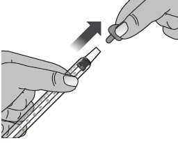 Two hands handling a graduated syringe, one hand holding the barrel while the other