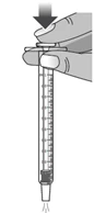 A hand pressing down the plunger of a graduated syringe, indicated by a black arrow, to administer the medication