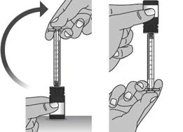 Technical drawing showing how to insert a syringe into a vial and rotate it to break off the