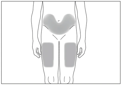 Dibujo esquemático de un cuerpo humano con áreas grises resaltadas en.