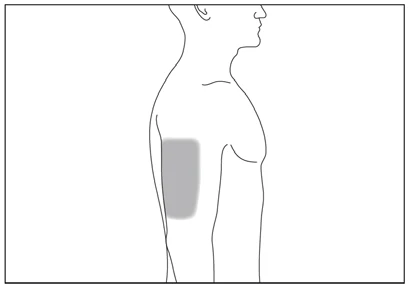 Dibujo lineal del perfil de un hombre que muestra el músculo deltoides resaltado en gris en la parte superior del brazo.
