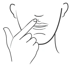 Disegno a linee nere di una mano che punta l'indice verso il naso di un volto stilizzato per indicare l'applicazione di un prodotto