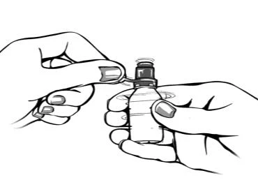 Two hands holding and manipulating a small medical vial for medication preparation