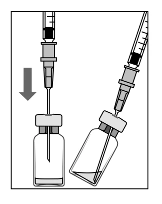 Technical drawing of two syringes with needles penetrating the rubber stoppers of two glass vials containing liquid for injection
