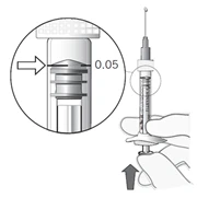 Enlarged detail of a syringe showing the liquid level at the