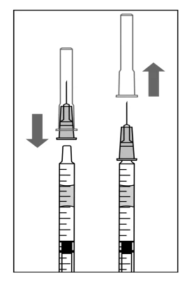 Diagram showing the assembly and disassembly of a needle on a syringe with directional arrows indicating movement toward the