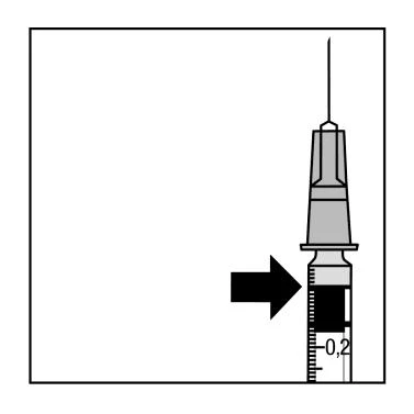 Technical drawing of a syringe with needle pointing toward the