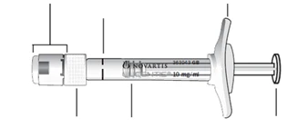 Technical drawing of a Novartis prefilled syringe with graduated scale, cylindrical barrel, and plunger with butterfly-shaped handle