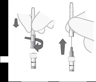 Diagram showing two stages: a hand rotating the upper part of an injection pen downward and a