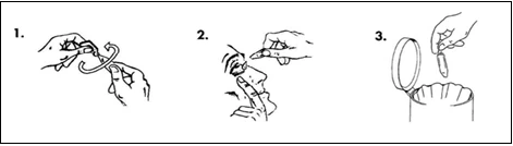 Tre disegni sequenziali mostrano come aprire un contenitore, premere un applicatore sul naso e inserire il dispositivo in un contenitore di smaltimento