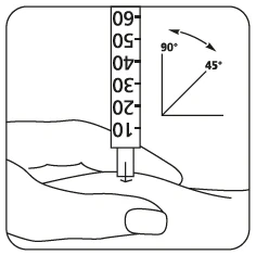 Diagramma che mostra l'inserimento di un ago con un angolo di 45 o 90 gradi rispetto alla pelle con indicazione dei gradi e scala numerica