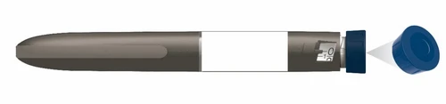 Gray auto-injector pen with white label and visible dosage window next to a separate blue cap on the right side