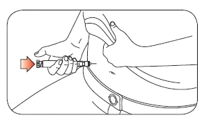 A hand holding a horizontal injection pen while another element indicates preparation for injection