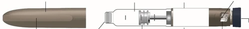 Technical diagram of a medical injection pen with visible internal components, screw mechanism, and graduated scale for dosage