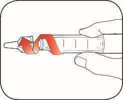 A hand holding a syringe while a curved red arrow indicates rotational movement to unscrew or screw the upper cap