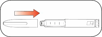 Red arrow pointing right indicating the movement of placing a protective cap onto a pen-shaped medical device