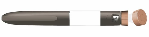 Brown auto-injector with a central white band and a detached side cap showing the graduated scale with zero indication