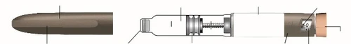 Horizontal technical diagram of a medical injection pen with visible internal components, spring mechanism, and numeric indicators