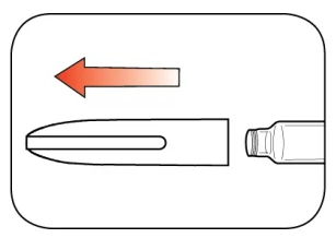 Red arrow pointing left above a stylized drawing of a needle and the top of a medical vial on a white background
