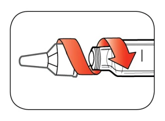 Diagram showing rotational movement of a cap with a curved red arrow indicating the direction