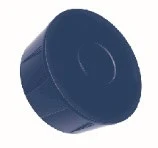 Cylindrical dark blue plastic cap with smooth top surface and grooved side edges on a white background