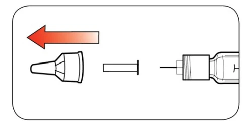Diagram showing a red arrow pointing left to indicate sliding movement of a cap away from the device