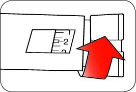 Technical diagram showing a red arrow pointing toward a graduated scale with numbers 1 and 2 on a medical device