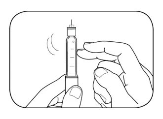 Black and white drawing showing two hands holding and manipulating a syringe with needle pointing upward