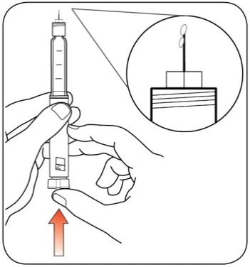 Two hands holding a syringe with an enlarged detail of the tip