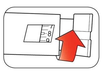 Technical drawing of a medical device with a red arrow indicating movement direction toward a graduated scale with numbers 8 and 9