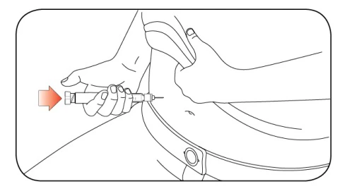 A hand holding an injection pen to apply it to the lower part of the body
