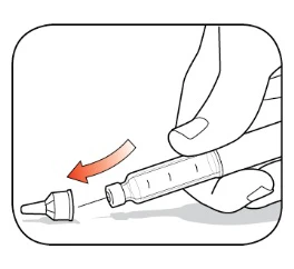 A hand holding an injection pen while removing the protective cap indicated by a curved orange arrow