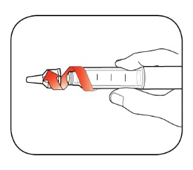 A hand holding a syringe while a curved red arrow indicates rotational movement of the cap for removal