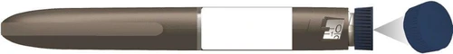Horizontal brown medical injection pen with central white label and a separate blue cap on the right