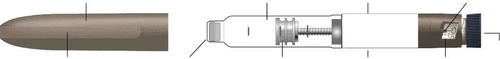 Technical diagram of a medical device with visible internal components including a piston, transparent chamber, and white and brown body
