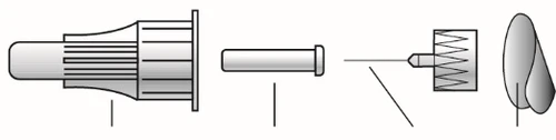 Exploded technical diagram of a medical device showing various components separated from each other on a white background