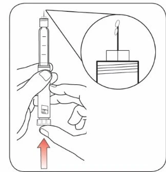 Technical drawing showing two hands gripping a syringe with a magnified detail of the tip