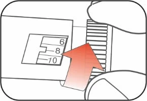 Technical drawing showing a hand rotating the top part of a medical device toward a graduated scale with numbers 6, 8, and 10