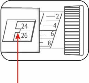 Technical diagram showing a graduated scale with numbers 2, 4, 6, 8 and a close-up detail with numbers 24 and 26 indicated by a red arrow