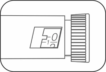 Black and white technical drawing of a medical device with a central display showing numbers 0 and 1/2 and a knob on the right