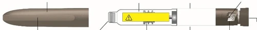 Horizontal technical diagram of a medical device with a brown section on the left and a central transparent section with a yellow warning label