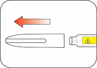 Red arrow pointing left above a white medical device and a vial with a yellow hazard symbol on a white background