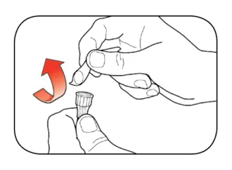Two hands removing a cylindrical cap from a medical device with an upward motion