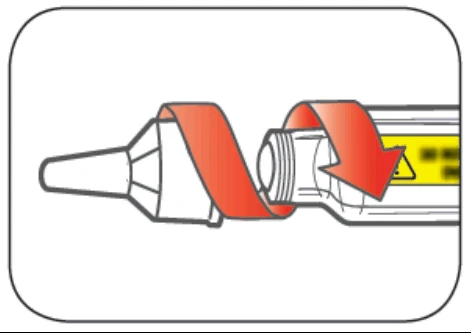 Diagram showing how to screw a white applicator onto a cylindrical container with a curved red arrow indicating rotational movement