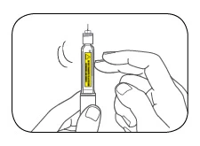 A hand holding a pre-filled syringe vertically with a white cap and a needle