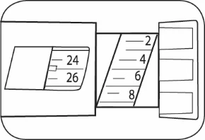 Black and white technical drawing of a medical device with two graduated scales showing numbers 2, 4, 6, 8 and 24, 26