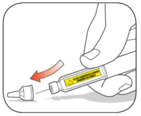 A hand removing the protective cap from a medical injection pen with movement indicated by a curved red arrow