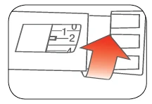 Technical drawing of a medical device with a red arrow indicating rightward sliding to adjust the numerical scale from 1 to 2